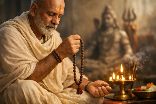 Elderly man meditate with prayer beads, serene Indian devotee in spiritual ritual with offerings