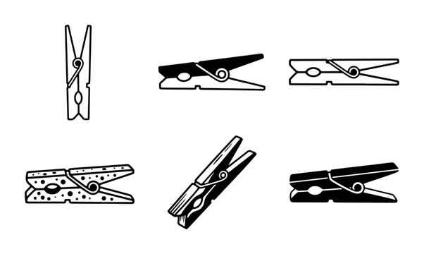 Clothespin Icons Set, Wooden and Plastic Clothes Pegs, Laundry Clips Vector Collection
