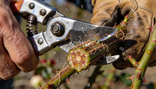 Cutting gloved hand stabilizing bare hand trimming thorny rose cane in garden, with pruners and sap