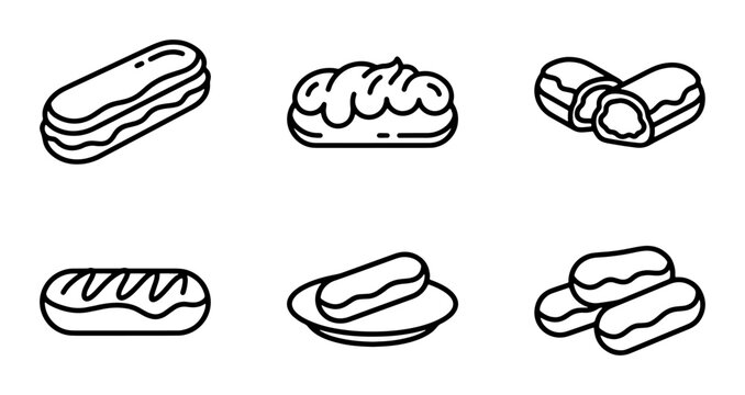 Eclair Icons, Pastry Vector Set, Sweet Dessert Line Art Collection, Bakery Food Graphics