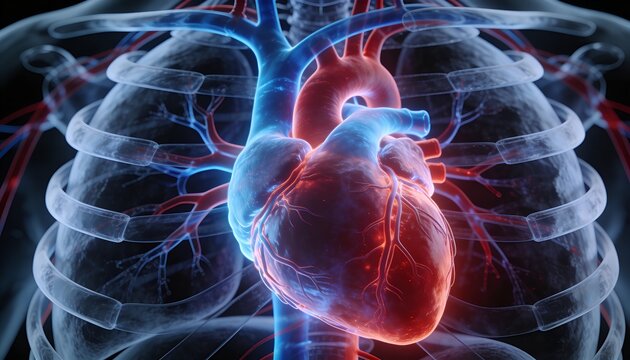 Displaying heart revealing coronary arteries, aorta and pulmonary trunk within translucent rib cage