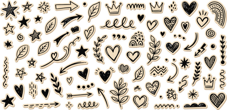 Hand Drawn Doodle Elements Collection with Hearts Leaves Arrows Crowns and Decorative Sketch Illustrations
