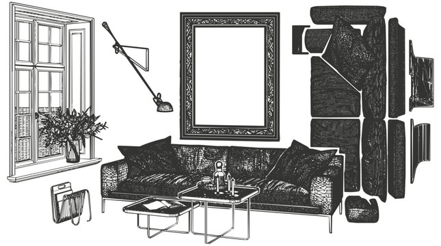 Hand-drawn interior sketch of a modern living room featuring elegant furniture, a blank picture frame for mockup, and a comfortable sofa by the