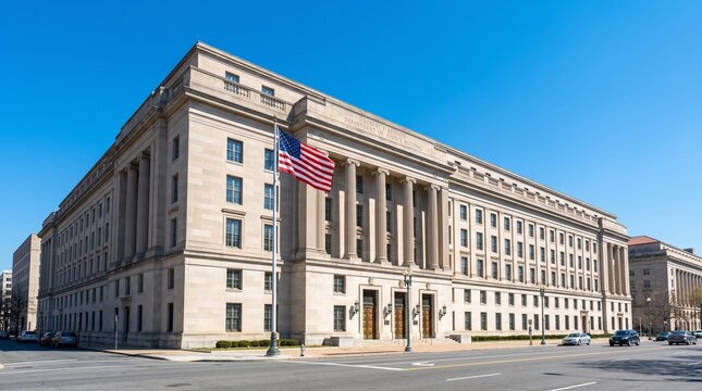 Department of Justice building in Washington DC. Historic government architecture with neoclassical facade and American flag. Administrative center of federal law enforcement and legal system.