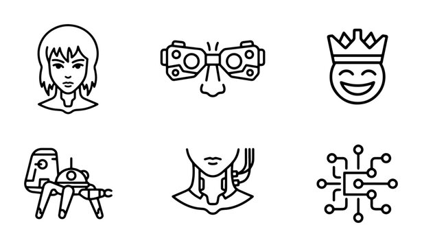 Futuristic Technology Icons: VR Goggles, Cyborg Neck, Robot, AI Chip, User Face, King Emoji