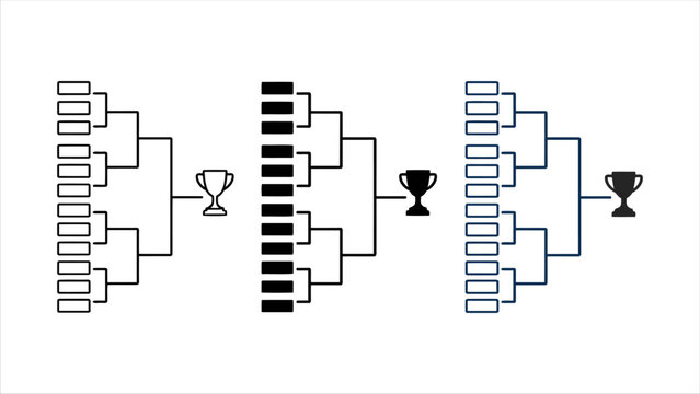 Three tournament bracket diagrams with championship trophies showing playoff competition stages.