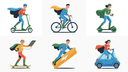 Fototapeta premium Diverse Group Riding Electric Scooters in Urban Environment Vector Illustration
