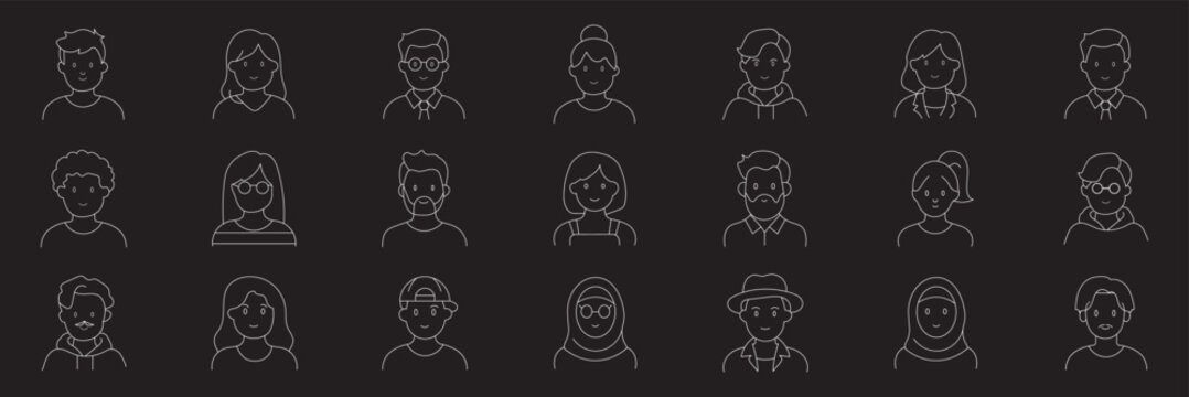User account profile minimalist outline vector icon set. Modern flat and line art vector set of diverse user avatar icons with various hairstyles. Favorite user, Customer review icons.