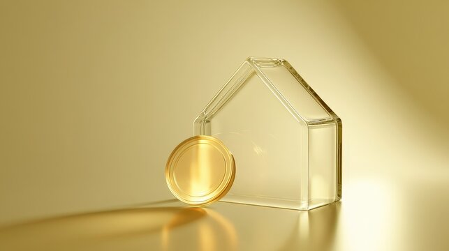 Clear house shape with a gold lid set in soft light on a simple background