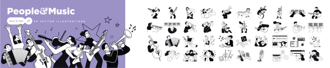 Naklejka na ściany i meble People and music. Vector illustrations of people in various activities related to the music, music school, instrument store, clubs, live performances, playlist, composing music, festivals.