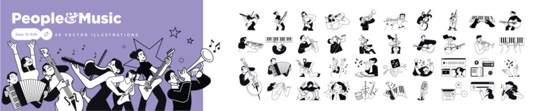 People and music. Vector illustrations of people in various activities related to the music, music school, instrument store, clubs, live performances, playlist, composing music, festivals.