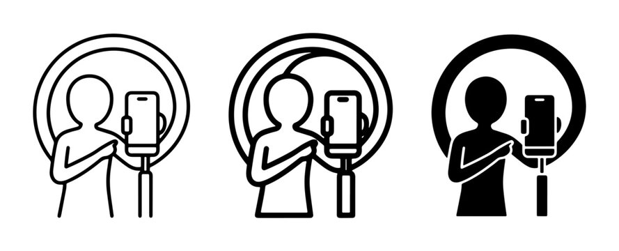 Selfie Stick Icons: Person with Smartphone, Ring Light, Vector Graphics