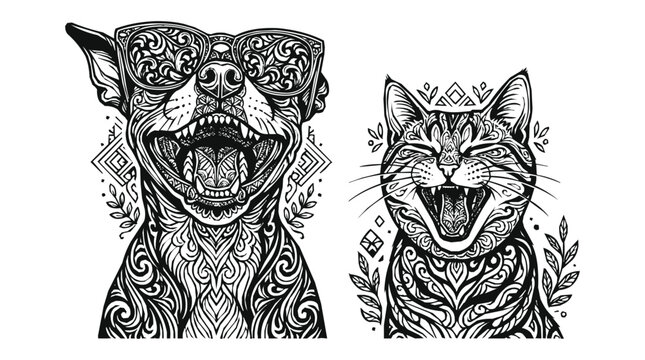 Artistic zentangle art and mandala illustration featuring pet eyewear with cat sunglasses and dog sunglasses on happy yawning animals