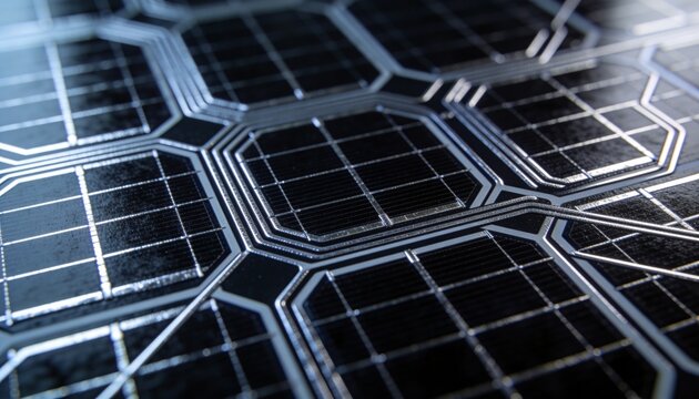 Showing close-up PV cells revealing silver busbars and traces at testing bench, with glass dust