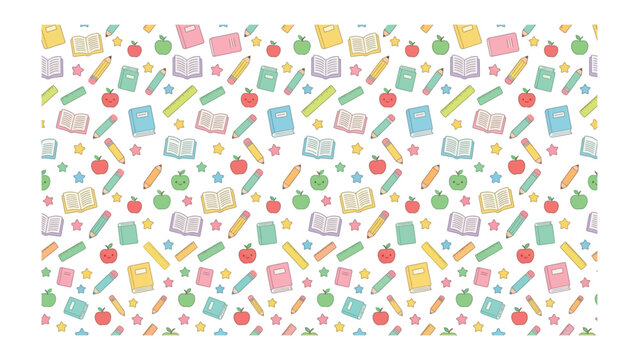 A Whimsical Collection of School Supplies: A vibrant and playful pattern featuring a delightful assortment of books, pencils, apples, and stars in soft pastel colors.