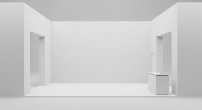 A minimalist, empty white room with two doorways and a small counter, ready for exhibition.