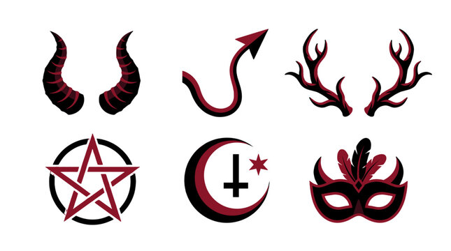 Set of dark fantasy symbols with horns tail antlers and mask