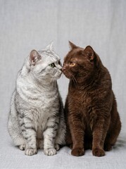 Fototapeta premium Two domestic shorthair cats touching noses on a gray background
