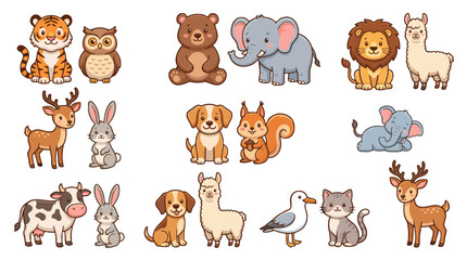 Obraz premium Cute cartoon animal set with forest and farm mammals and birds
