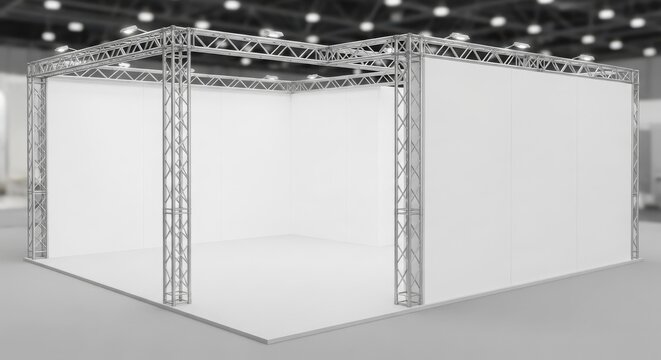 Empty exhibition booth with metal truss structure and white panels in a large hall.