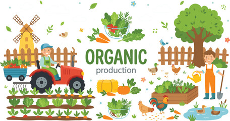 Naklejka premium Organic production farming vector illustration set with kids driving tractor watering vegetables and livestock animals