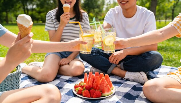 Toasting friends holding lemonade and waffle cones on park lawn, wearing striped tee and shorts