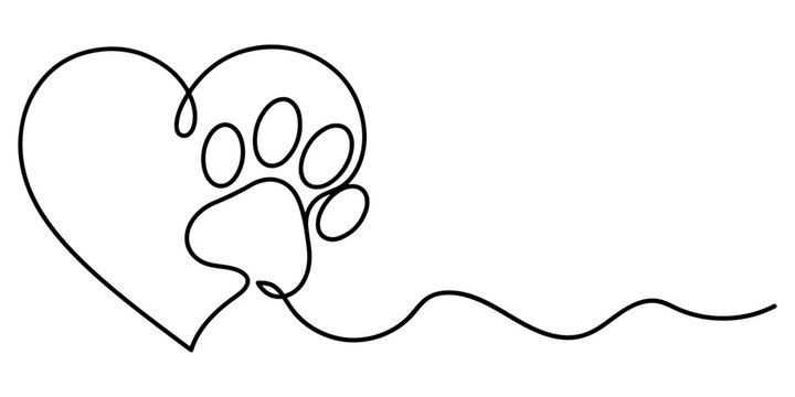 Continuous line art drawing of a dog paw and heart shape symbolizing companionship, loyalty, and the emotional bond between humans and dogs, hand drawn vector illustration.