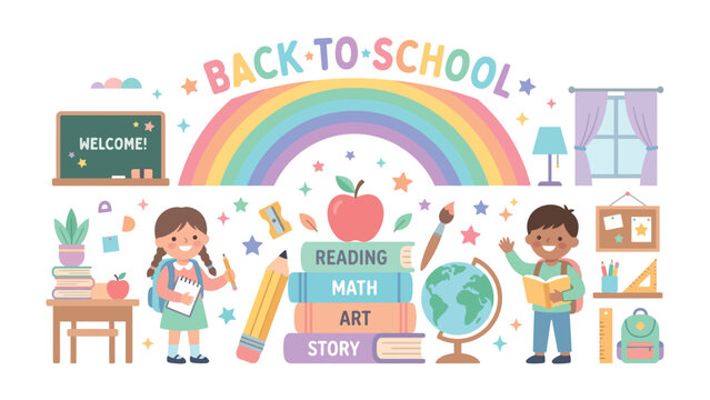 Back to School Fun: A vibrant and playful illustration depicts children embarking on a new academic year, surrounded by school supplies, books, and a cheerful rainbow.