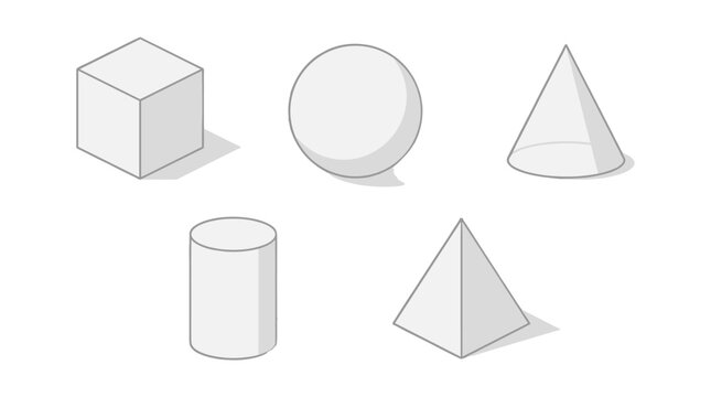 Basic geometric solids set with cube sphere cone cylinder and pyramid