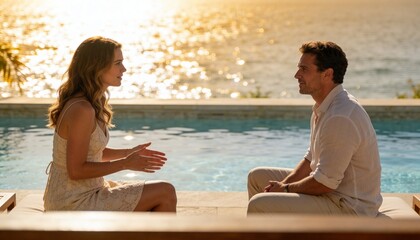 Fototapeta premium Talking couple sitting on infinity pool ledge at oceanfront, wearing lace sundress and linen shirt