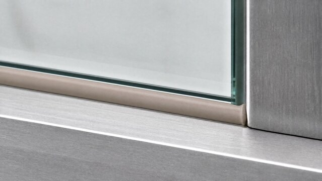 A precise line of colored silicone sealant between glass and metal surfaces.