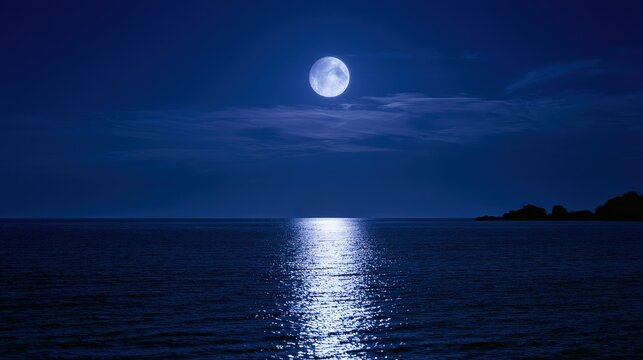 Bright full moon over the calm ocean with reflections in the water during a clear night