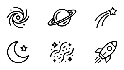 Space Icons Set: Galaxy, Planet, Comet, Moon, Stars, Rocket, Cosmic Vector Graphics © Md