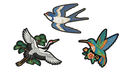 Fototapeta premium Set of embroidered bird patches with swallow crane and hummingbird