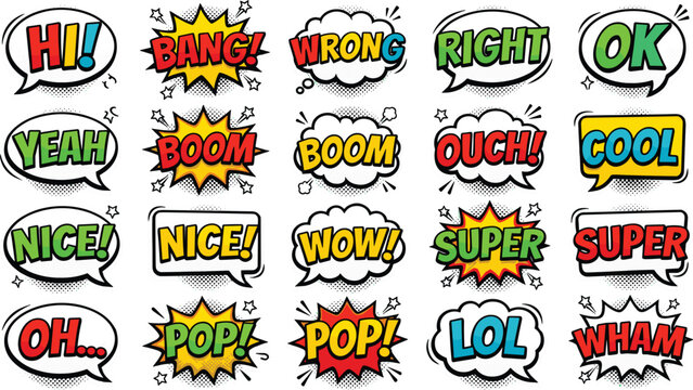 Pop art comic speech bubbles set with colorful expression words boom wow lol nice bang for graphic design