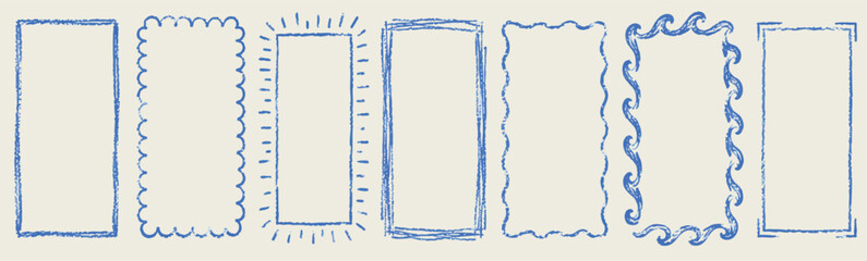 Set of blue crayon doodle hand drawn sketch coastal rectangle frames. Italian style marine sea side design element. Postal summer stamp, scalloped edge, oval shape charcoal border freehand drawing © liana