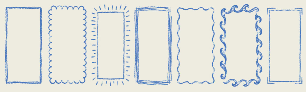 Set of blue crayon doodle hand drawn sketch coastal rectangle frames. Italian style marine sea side design element. Postal summer stamp, scalloped edge, oval shape charcoal border freehand drawing