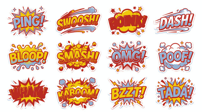 Pop art speech bubbles set with kaboom poof swoosh omg.