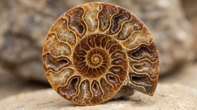 Polished ammonite fossil shell showing internal chambers