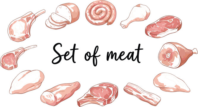 Raw meat product vector element set featuring beef steak pork chops ham bacon and chicken drumstick