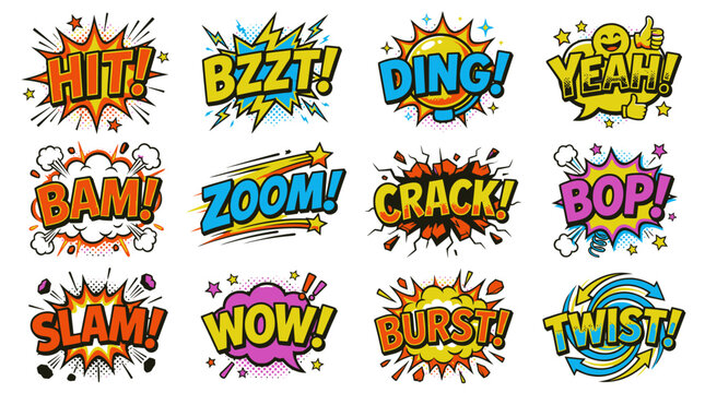 Retro comic book sound stickers with hit and wow.