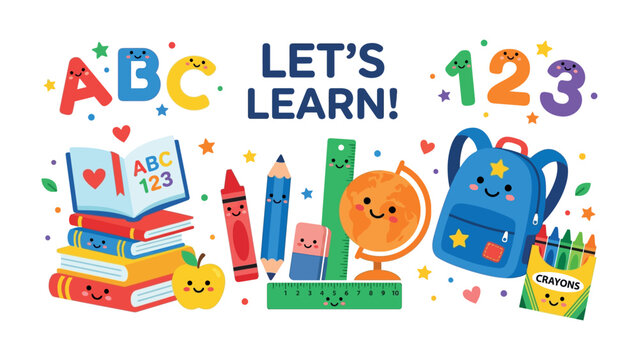 Back to School Fun: A vibrant and cheerful illustration depicts the joy of learning with ABCs, 123s, a stack of books, school supplies, and a friendly backpack.
