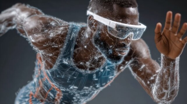 Professional athlete using smart glasses for performance tracking with 3D holographic biometric data representing sports science and tech enabled human performance optimization scene 