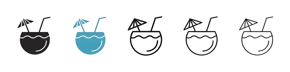 Tropical Beverage Vector Icon Set. Island Refreshment Emblem vector symbol for UI design. Thin line customizable illustration. Contour symbol. Vector isolated outline drawing. Editable stroke © Lovely