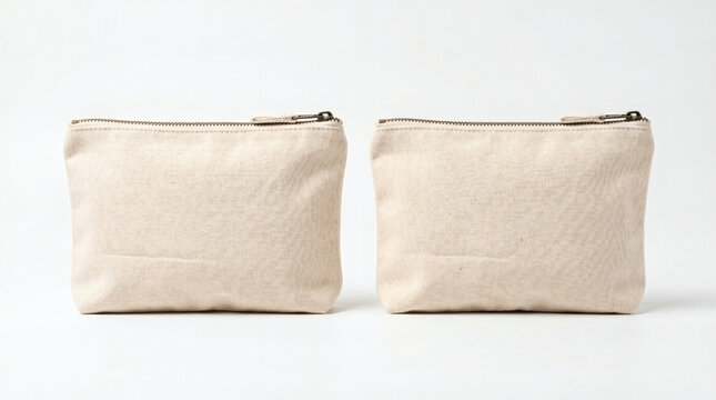 Pair of beige canvas cosmetic bags on a white background