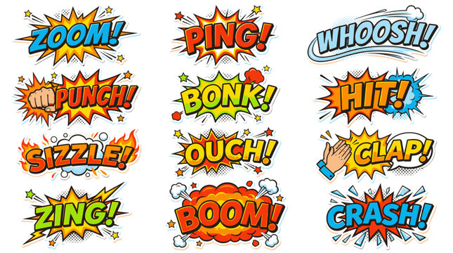 Pop art style action sound effect speech bubble stickers.