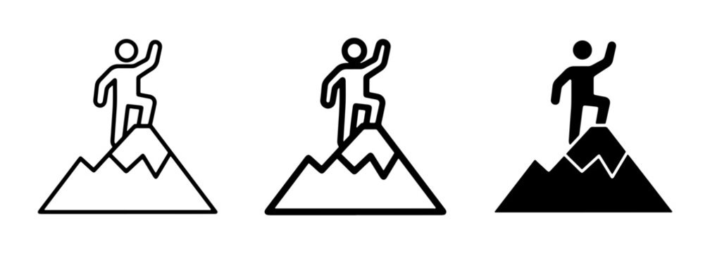 Mountain Peak Victory Icons, Success Achievement Symbol, Climbing Summit Silhouette, Goal Reached