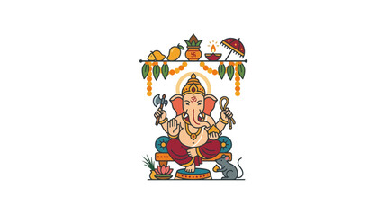 Obraz premium Colorful Illustration of Hindu Deity Ganesha with Traditional Decorations