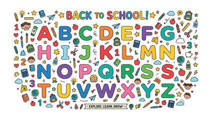 Fototapeta premium Back to School Alphabet Wonderland: A vibrant collection of whimsical illustrations featuring the English alphabet, scattered with school-related icons like pencils, books, apples, and backpacks.