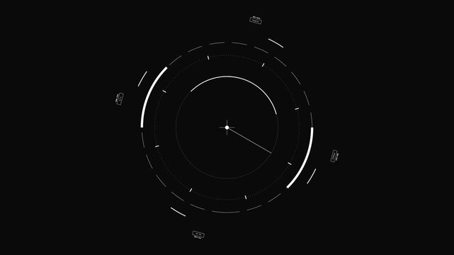 Digital HUD Circular Clock Interface with Rotating Needle Scanner on Alpha Transparent Background